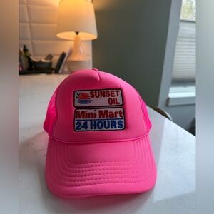 Sunset Oil Mini Mart 24 Hours Pink Roped Trucker Hat